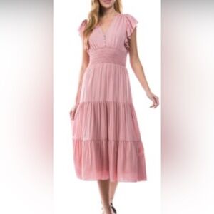Lucy Paris MIDI Dress Mauve Tiered Skirt Smocked Waist Flutter Sleeve EUV XL